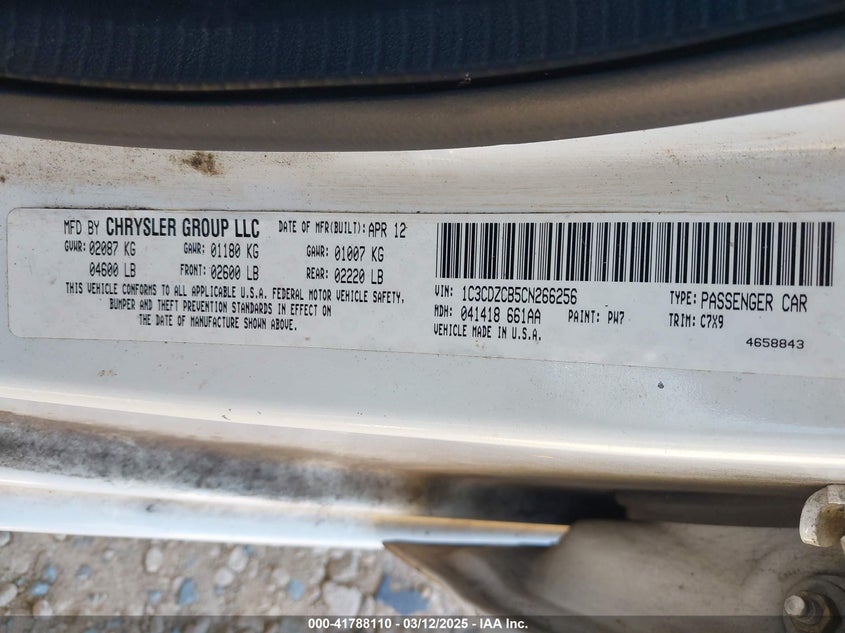 2012 DODGE AVENGER VIN: 1C3CDZCB5CN266256