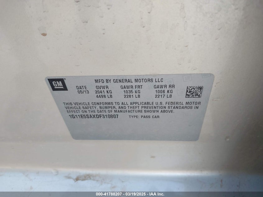 2013 CHEVROLET MALIBU VIN: 1G11E5SAXDF310807