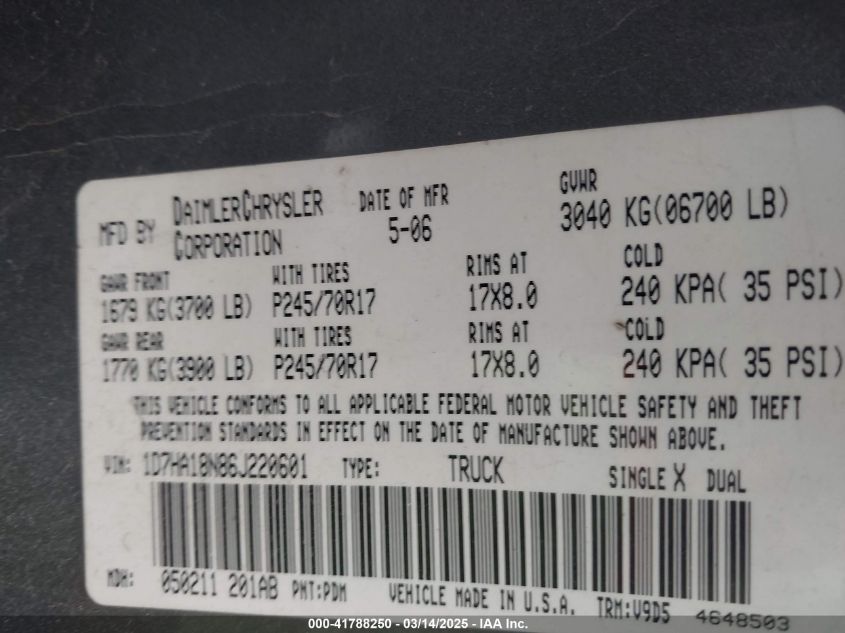 2006 Dodge Ram 1500 Slt VIN: 1D7HA18N86J220601 Lot: 41788250