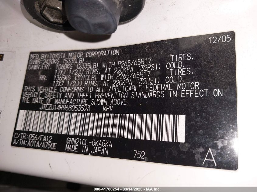 2006 Toyota 4Runner Sr5 V6 VIN: JTEZU14R968053523 Lot: 41788254