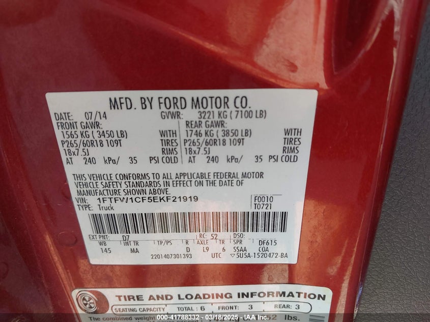 2014 FORD F-150 VIN: 1FTFW1CF5EKF21919