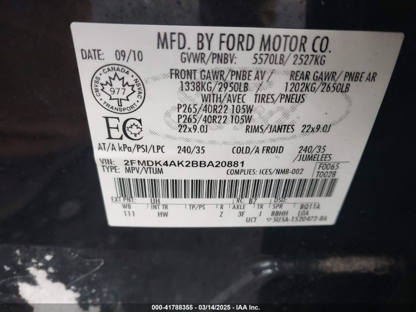 2011 Ford Edge Sport VIN: 2FMDK4AK2BBA20881 Lot: 41788355