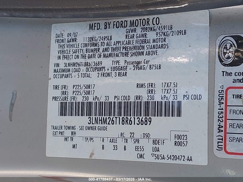 2008 LINCOLN MKZ VIN: 3LNHM26T18R613689