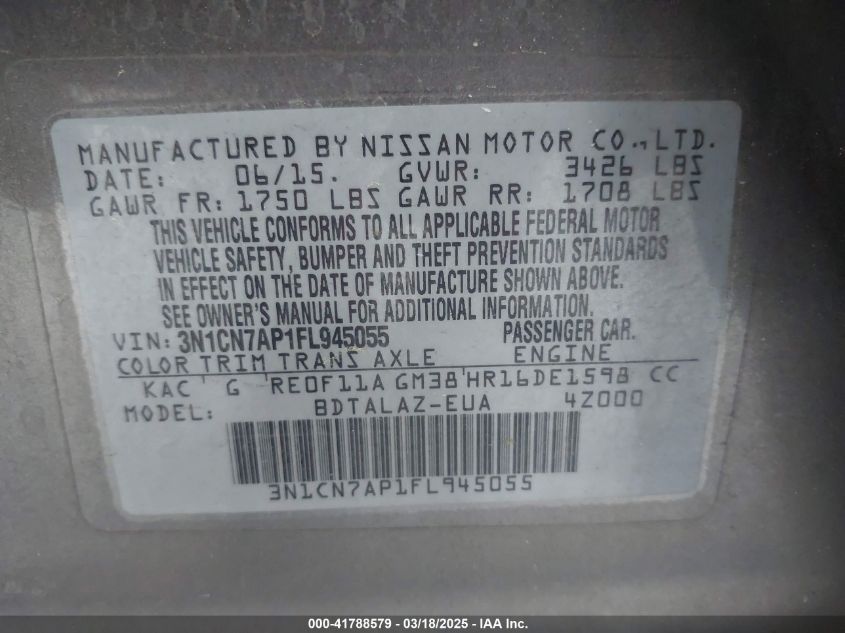 2015 Nissan Versa 1.6 S+ VIN: 3N1CN7AP1FL945055 Lot: 41788579