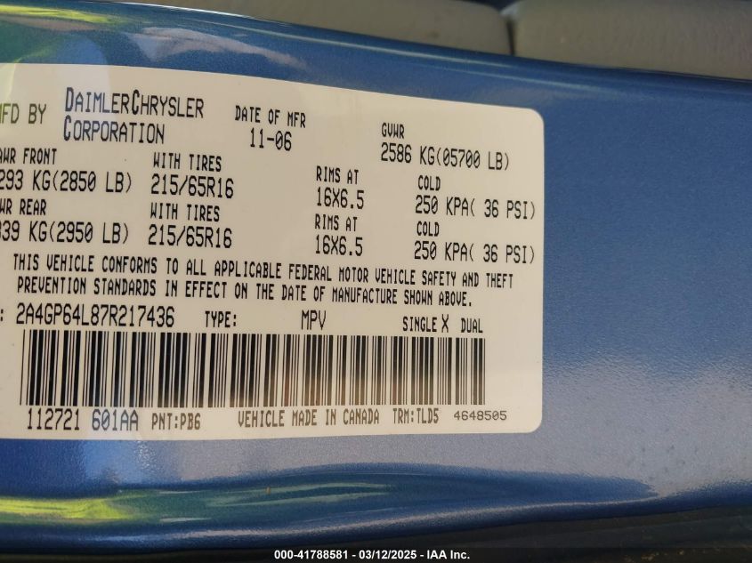 2007 Chrysler Town & Country Limited VIN: 2A4GP64L87R217436 Lot: 41788581