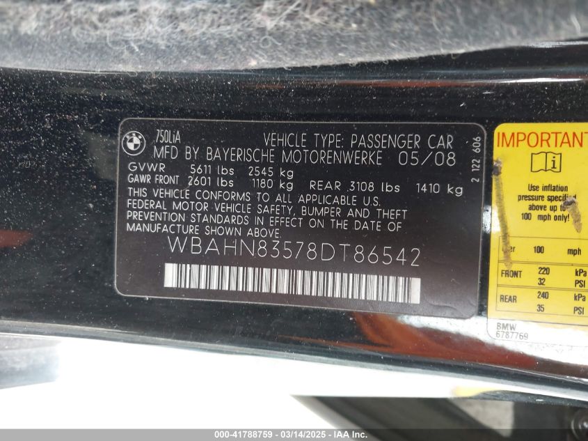 2008 BMW 750Li VIN: WBAHN83578DT86542 Lot: 41788759