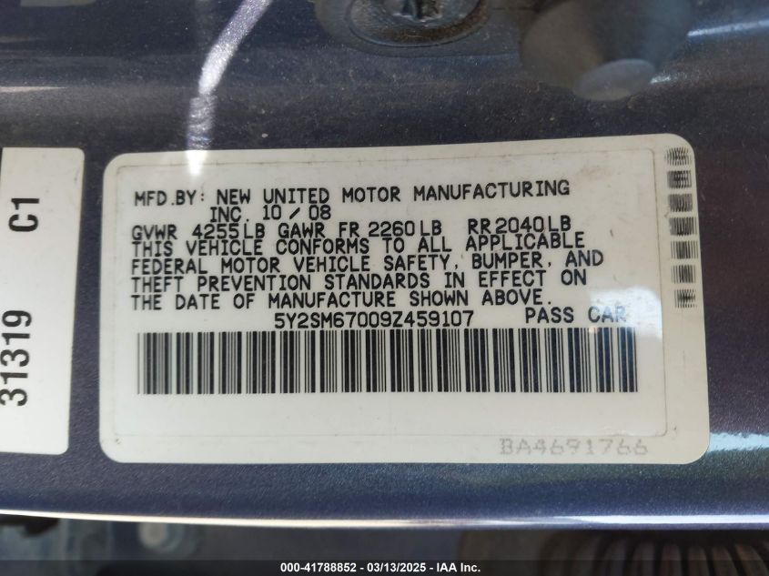 2009 Pontiac Vibe VIN: 5Y2SM67009Z459107 Lot: 41788852