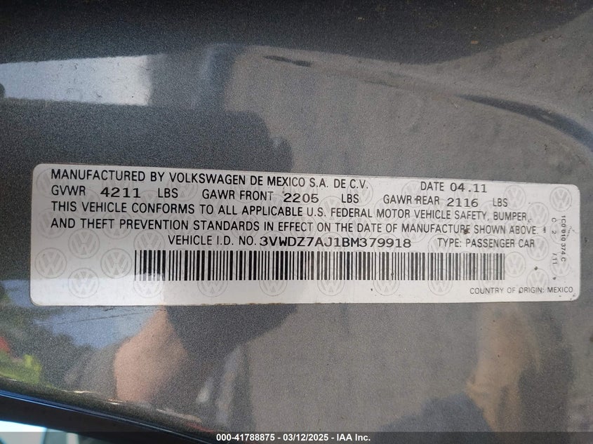 2011 VOLKSWAGEN JETTA VIN: 3VWDZ7AJ1BM379918