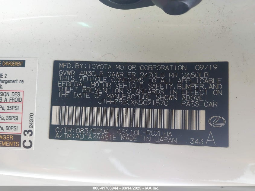 2019 LEXUS RC 350 VIN: JTHHZ5BCXK5021570