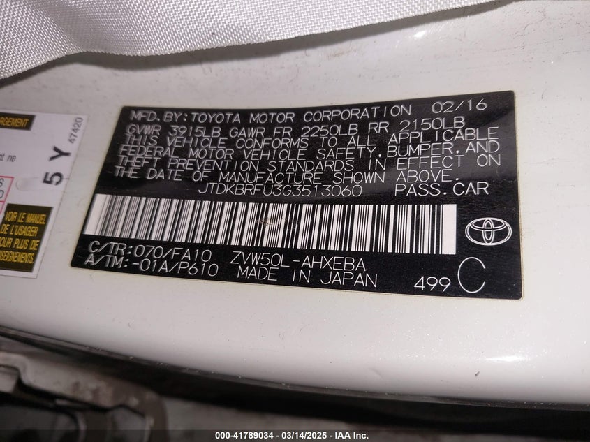 2016 TOYOTA PRIUS VIN: JTDKBRFU3G3513060