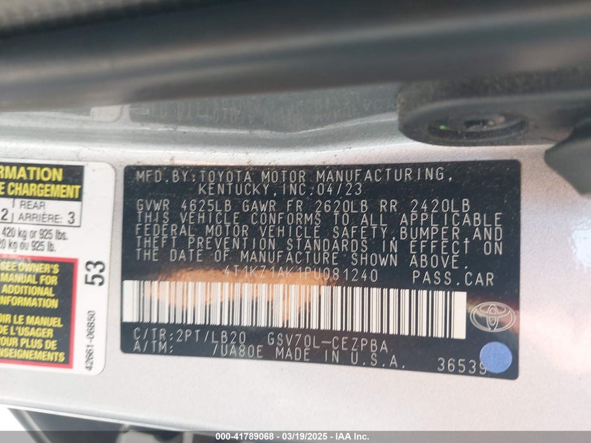 2023 TOYOTA CAMRY VIN: 4T1KZ1AK1PU081240