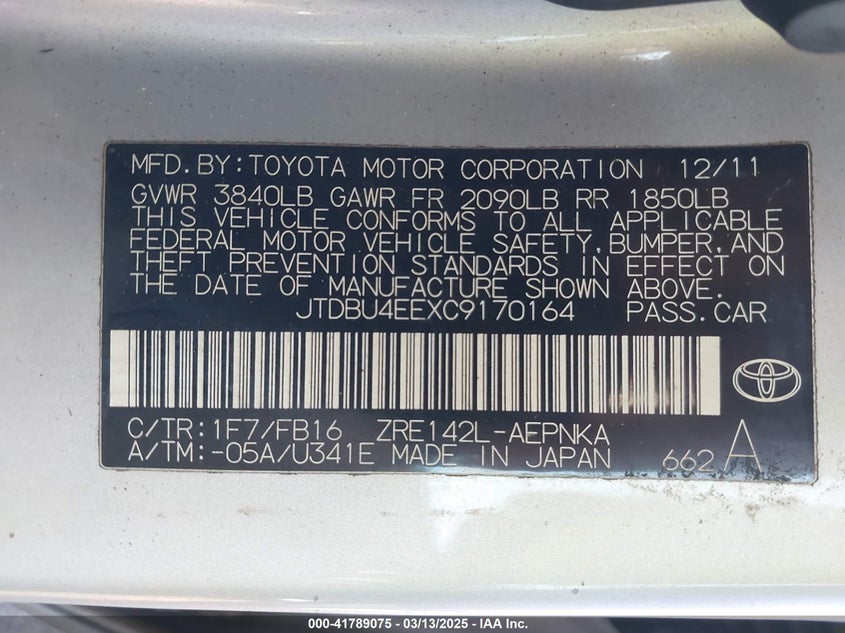 2012 TOYOTA COROLLA VIN: JTDBU4EEXC9170164