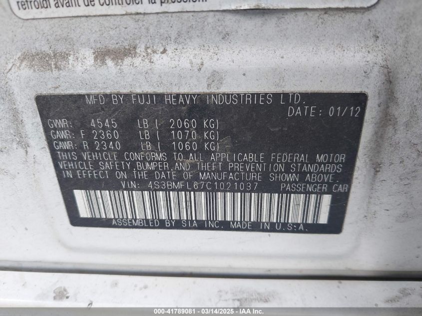 2012 Subaru Legacy 2.5Gt Limited VIN: 4S3BMFL67C1021037 Lot: 41789081