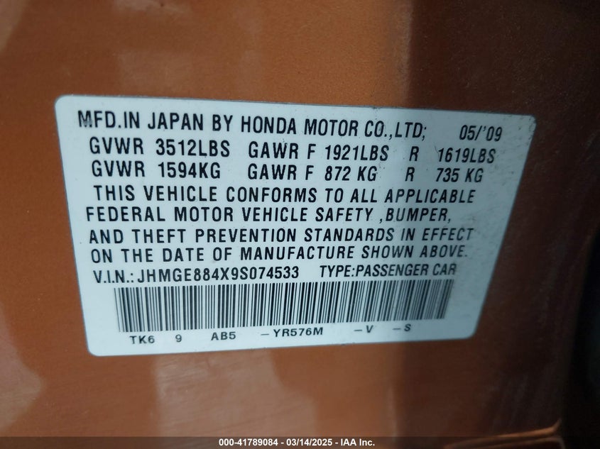 2009 HONDA FIT VIN: JHMGE884X9S074533