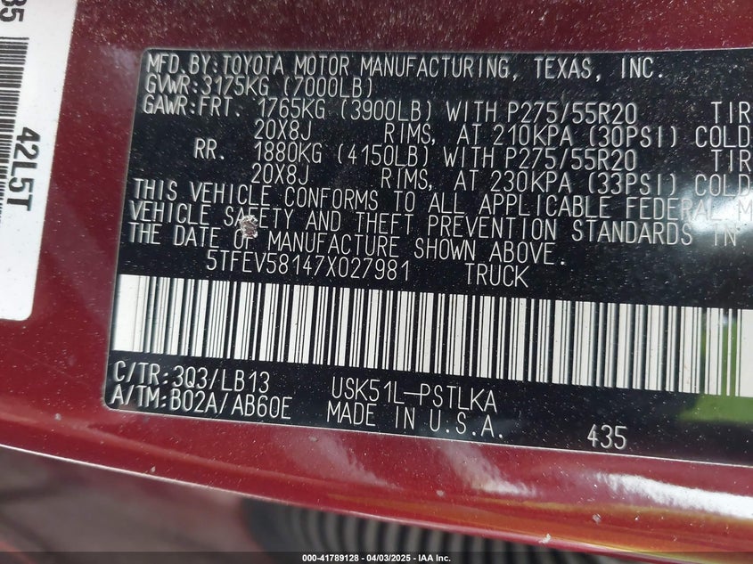 2007 TOYOTA TUNDRA VIN: 5TFEV58147X027981