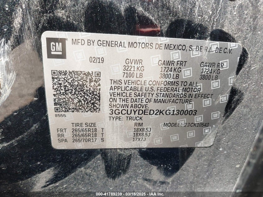 2019 CHEVROLET SILVERADO VIN: 3GCUYDED2KG130003