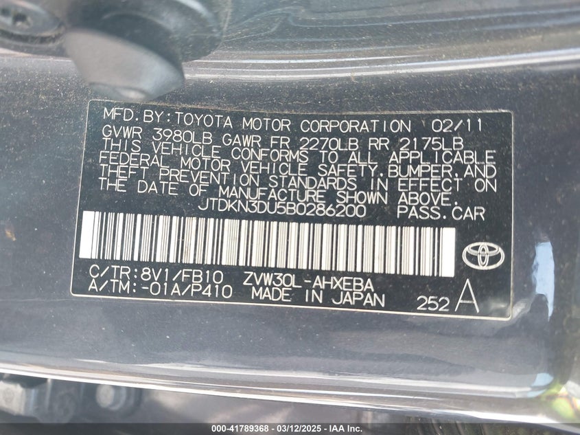 2011 TOYOTA PRIUS VIN: JTDKN3DU5B0286200