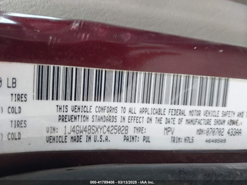 2000 Jeep Grand Cherokee Laredo VIN: 1J4GW48SXYC425028 Lot: 41789408