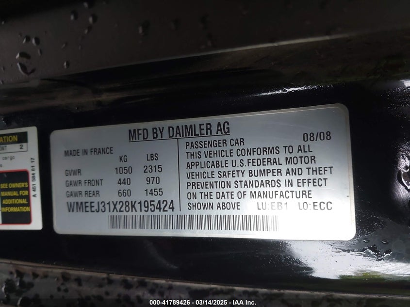 2008 SMART FORTWO VIN: WMEEJ31X28K195424