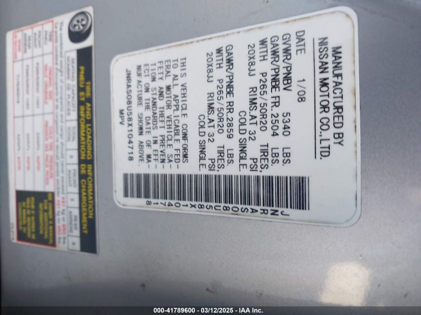 2008 Infiniti Fx35 VIN: JNRAS08U58X104718 Lot: 41789600