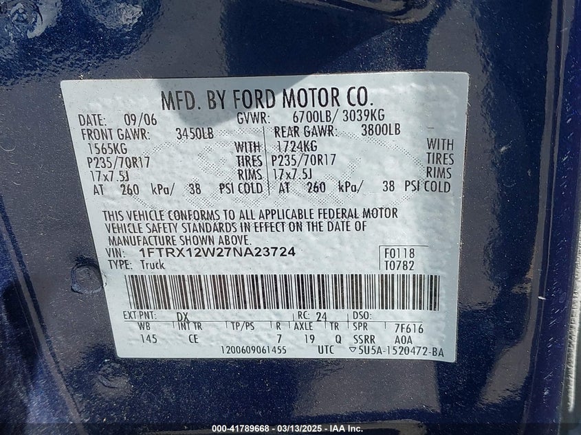 2007 FORD F-150 VIN: 1FTRX12W27NA23724