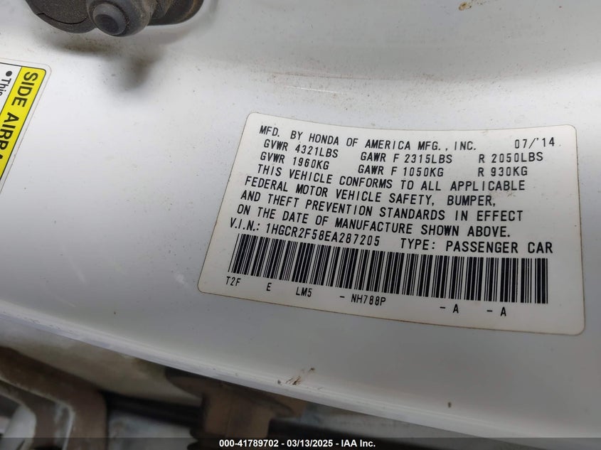 2014 HONDA ACCORD VIN: 1HGCR2F58EA287205