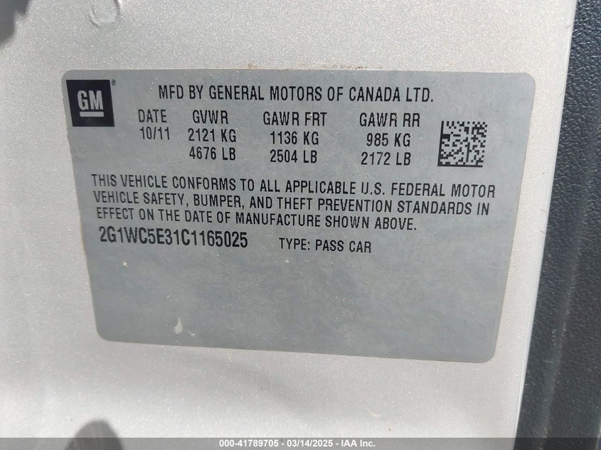 2012 CHEVROLET IMPALA VIN: 2G1WC5E31C1165025