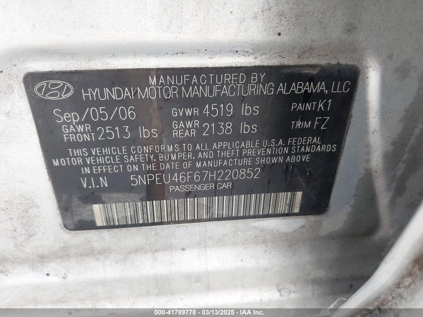 2007 HYUNDAI SONATA VIN: 5NPEU46F67H220852