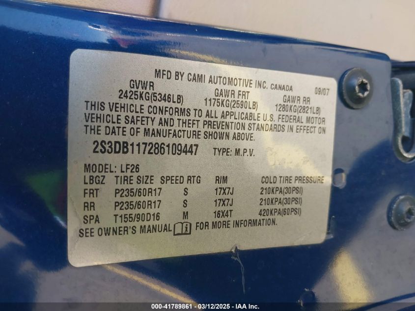 2008 Suzuki Xl7 Premium VIN: 2S3DB117286109447 Lot: 41789861