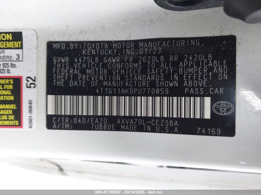 2023 TOYOTA CAMRY VIN: 4T1G11AK0PU770859