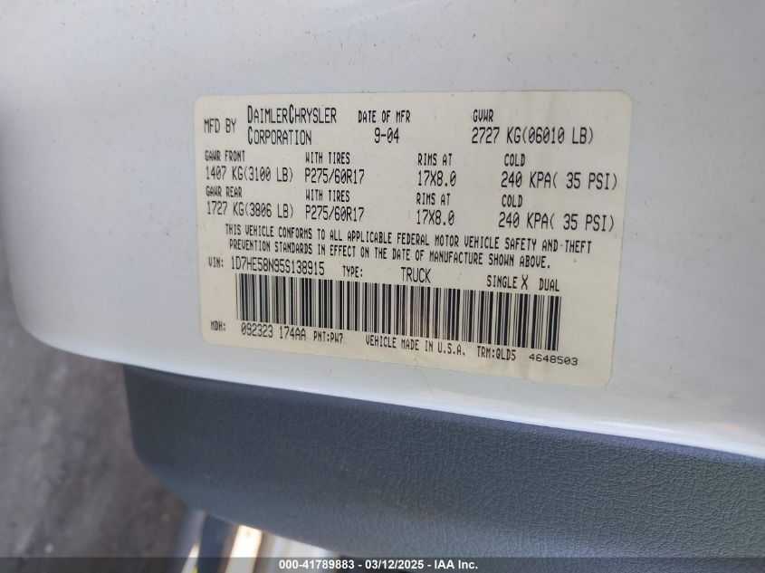 2005 Dodge Dakota Laramie VIN: 1D7HE58N95S138915 Lot: 41789883