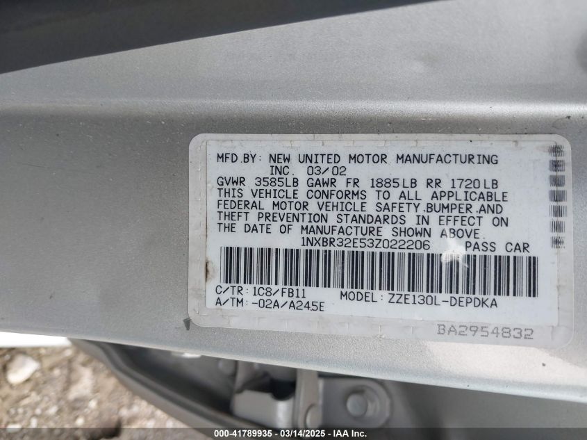 2003 Toyota Corolla Ce VIN: 1NXBR32E53Z022206 Lot: 41789935