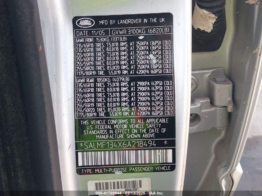 2006 Land Rover Range Rover Supercharged VIN: SALMF134X6A218494 Lot: 41789944