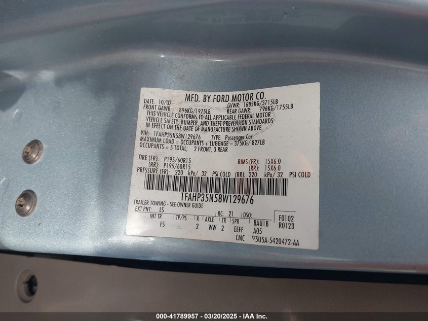 2008 FORD FOCUS VIN: 1FAHP35N58W129676