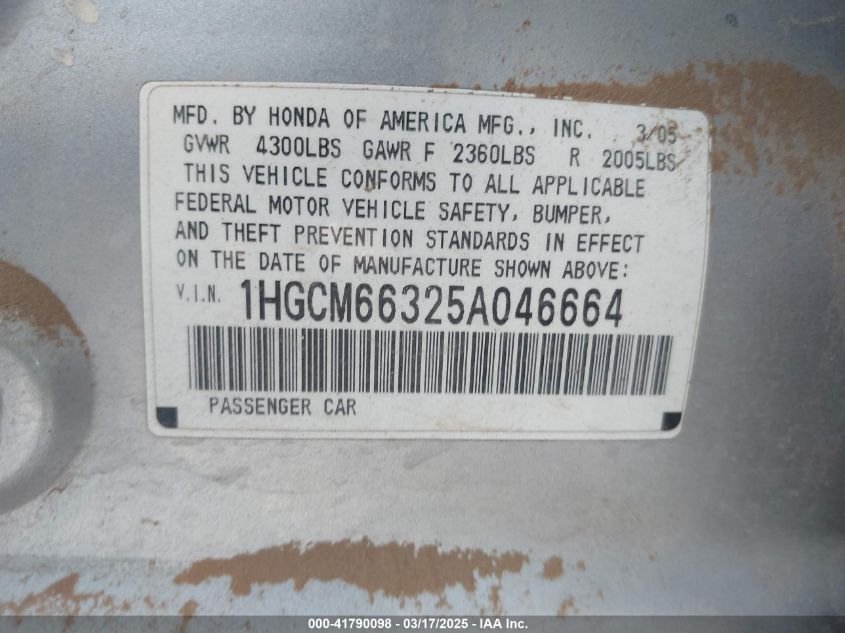 2005 Honda Accord 3.0 Lx VIN: 1HGCM66325A046664 Lot: 41790098