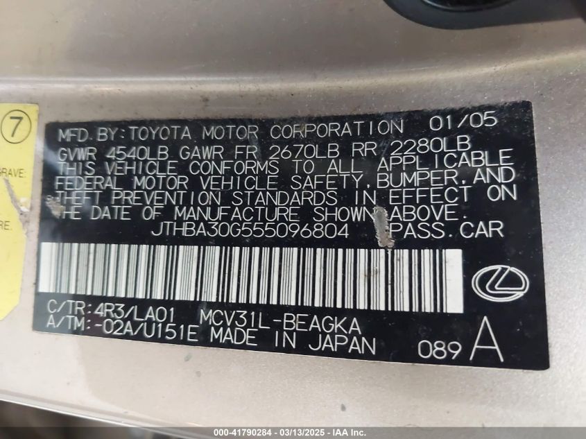 2005 Lexus Es 330 VIN: JTHBA30G555096804 Lot: 41790284