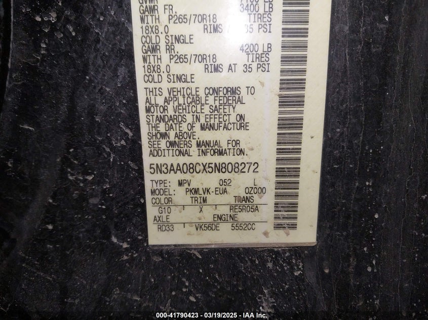 2005 Infiniti Qx56 VIN: 5N3AA08CX5N808272 Lot: 41790423