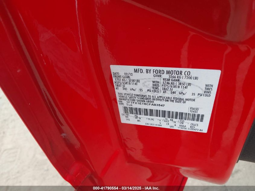 2012 Ford F-150 Xlt VIN: 1FTFX1ET8CFA83547 Lot: 41790554