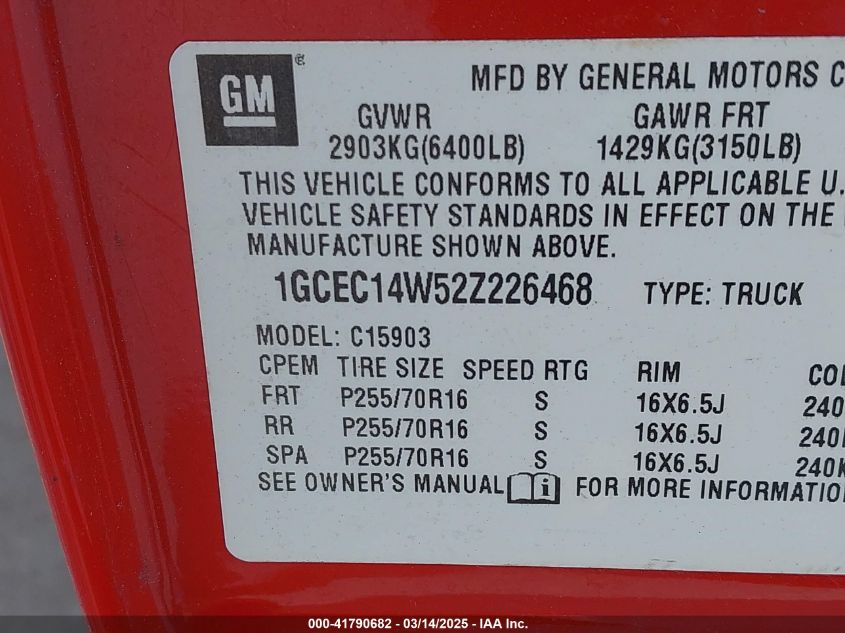 2002 Chevrolet Silverado 1500 VIN: 1GCEC14W52Z226468 Lot: 41790682