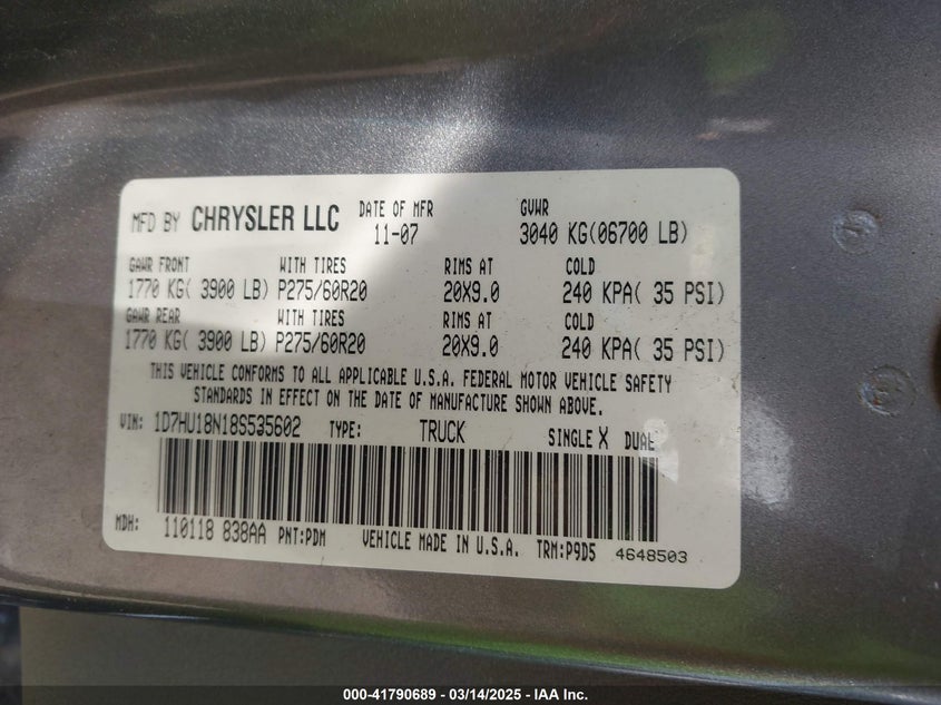 2008 Dodge Ram 1500 St/Slt VIN: 1D7HU18N18S53602 Lot: 41790689