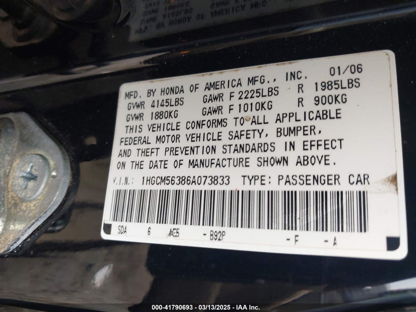 2006 HONDA ACCORD VIN: 1HGCM56386A073833