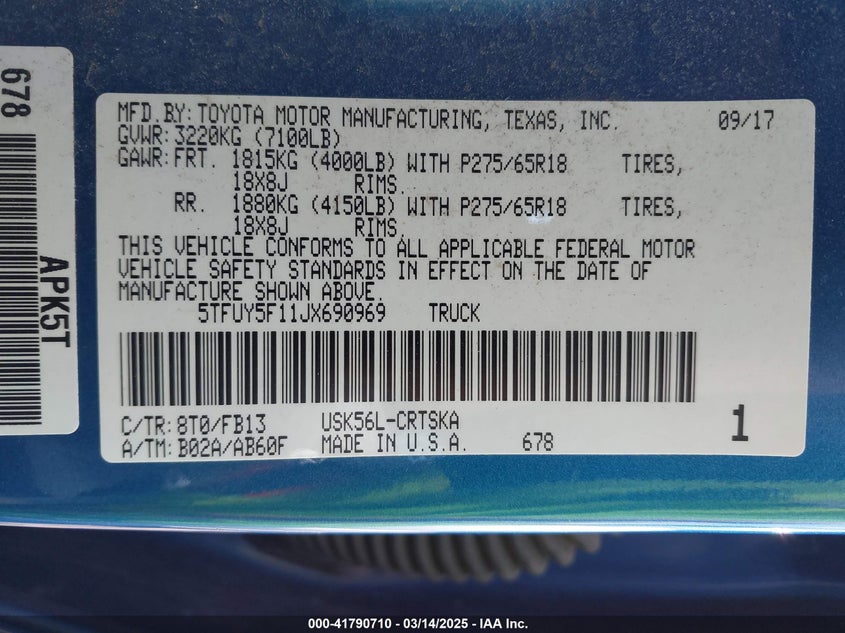 2018 TOYOTA TUNDRA VIN: 5TFUY5F11JX690969