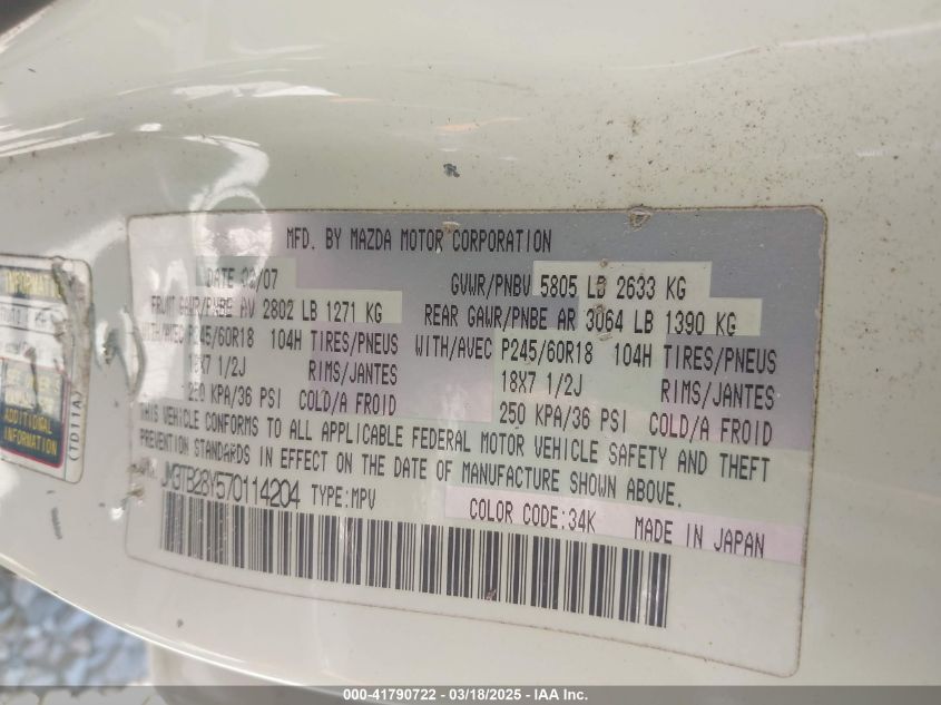 2007 Mazda Cx-9 Sport VIN: JM3TB28Y570114204 Lot: 41790722