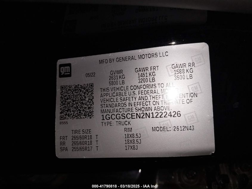 2022 Chevrolet Colorado 2Wd Short Box Lt VIN: 1GCGSCEN2N1222426 Lot: 41790818