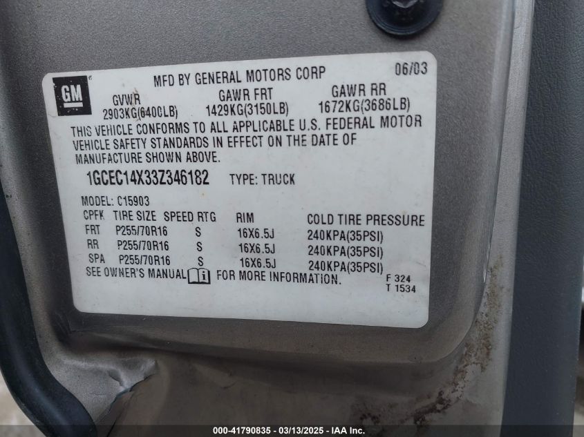 2003 Chevrolet Silverado 1500 Work Truck VIN: 1GCEC14X33Z346182 Lot: 41790835