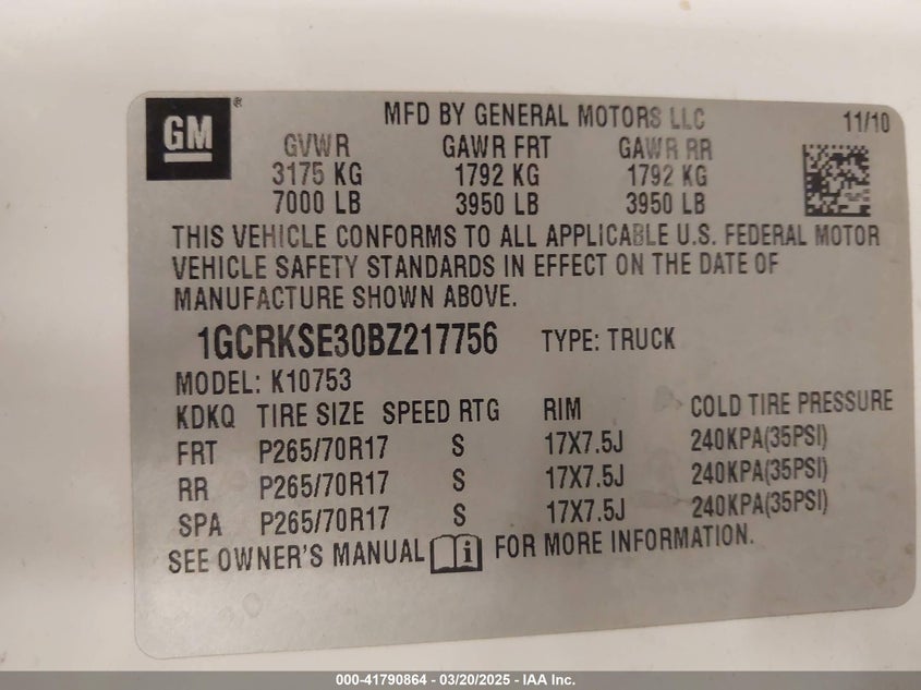2011 CHEVROLET SILVERADO 1500 VIN: 1GCRKSE30BZ217756