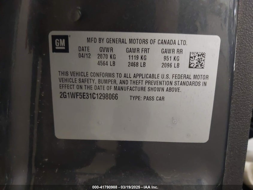 2012 CHEVROLET IMPALA VIN: 2G1WF5E31C1298066