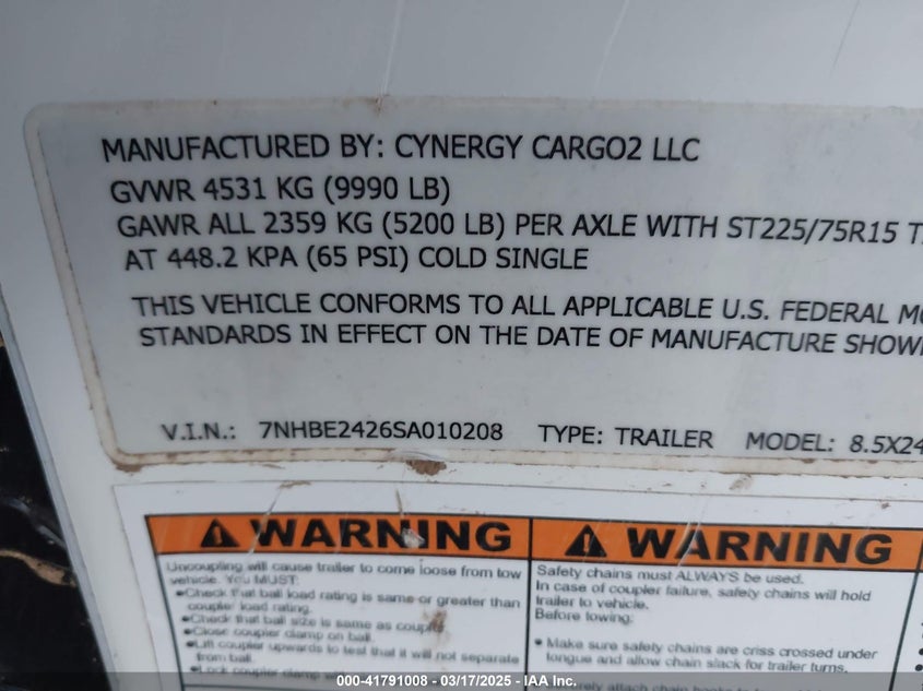 2025 CYNERGY 8 5X24 CAR(VIN: 7NHBE2426SA010208