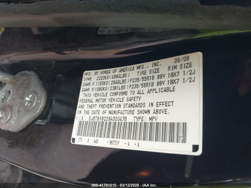 2009 Acura Rdx VIN: 5J8TB18229A000478 Lot: 41791010