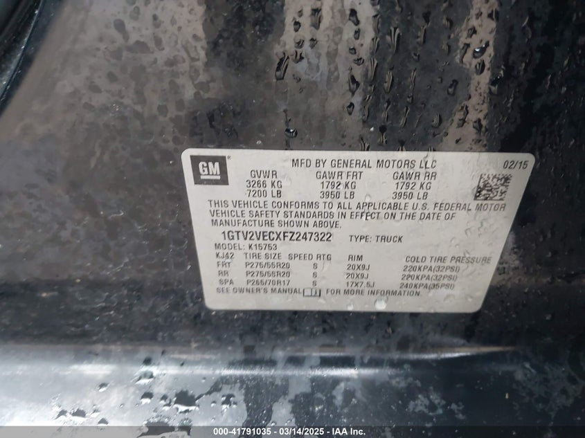2015 GMC SIERRA 1500 VIN: 1GTV2VECXFZ247322